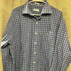 PETER MILLAR Blue Check Plaid Long Sleeve Button Up Shirt, XL, 100% Cotton